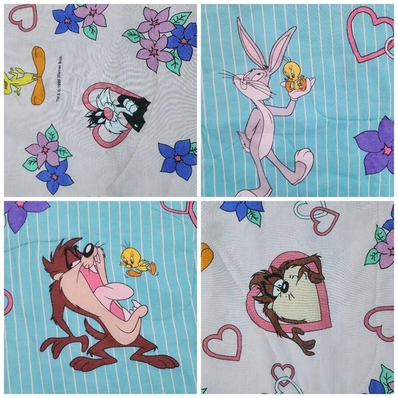 Looney Tunes Comforter Tweety Bird REVERSIBLE Vintage Blanket Teal Pink Hearts - Picture 5 of 10